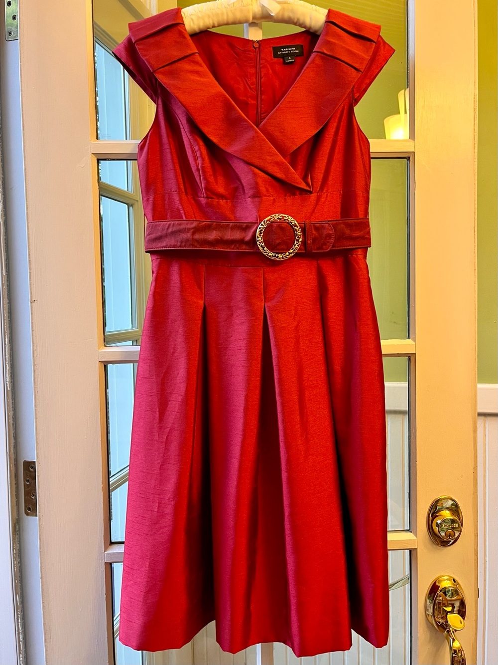 Tahari ASL Red Notched-Collar Belted Fit & Flare Dress